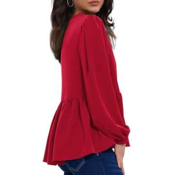 Allimy Women's 2025 Fashion Flowy Tops Puff Long Sleeve Shirts Elegant Crewneck Business Peplum Blouses for Women Trendy Dressy Casual Red Small