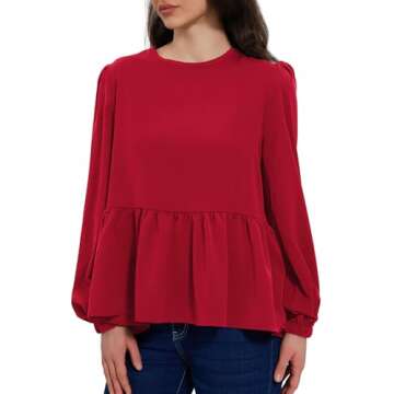 Allimy Women's 2025 Fashion Flowy Tops Puff Long Sleeve Shirts Elegant Crewneck Business Peplum Blouses for Women Trendy Dressy Casual Red Small