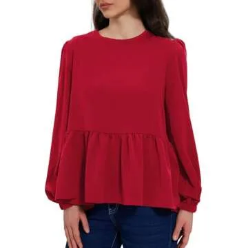 Allimy Women's 2025 Fashion Flowy Tops Puff Long Sleeve Shirts Elegant Crewneck Business Peplum Blouses for Women Trendy Dressy Casual Red Small