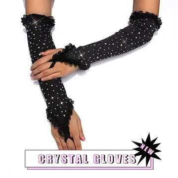 Eyret Rhinestone Lace Gloves Black Fingerless Gloves Sparkle Elbow Length Gloves Evening Party Opera Costume Rave Outfit for Women and Girls