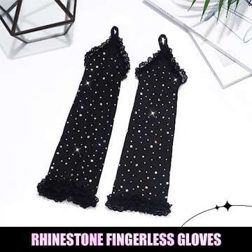 Eyret Rhinestone Lace Gloves Black Fingerless Gloves Sparkle Elbow Length Gloves Evening Party Opera Costume Rave Outfit for Women and Girls