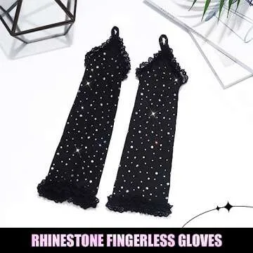 Eyret Rhinestone Lace Gloves Black Fingerless Gloves Sparkle Elbow Length Gloves Evening Party Opera Costume Rave Outfit for Women and Girls