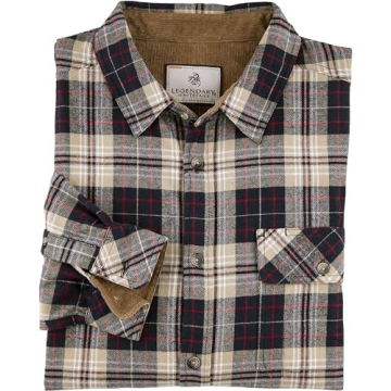 Legendary Whitetails Men's Standard Buck Camp Flannel, Long Sleeve Plaid Button Down Casual Shirt, Corduroy Cuffs, Tartan Stone, Large