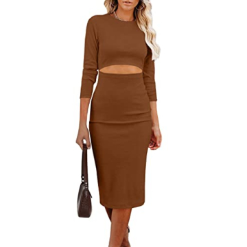 PRETTYGARDEN Women's Long Sleeve Midi Bodycon Dresses Casual Crewneck Cut Out Ribbed Knit Fitted Pen...