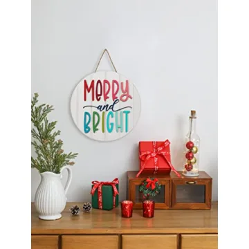 3D Christmas Merry and Bright Ornament Door Hanger Farmhouse Style Christmas Front Door Sign Christmas Decor Wooden Wreath (MERRY&BRIGHT)