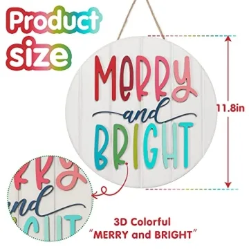 3D Christmas Merry and Bright Ornament Door Hanger Farmhouse Style Christmas Front Door Sign Christmas Decor Wooden Wreath (MERRY&BRIGHT)