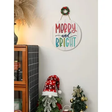 3D Christmas Merry and Bright Ornament Door Hanger Farmhouse Style Christmas Front Door Sign Christmas Decor Wooden Wreath (MERRY&BRIGHT)