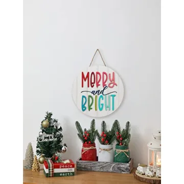 3D Christmas Merry and Bright Ornament Door Hanger Farmhouse Style Christmas Front Door Sign Christmas Decor Wooden Wreath (MERRY&BRIGHT)