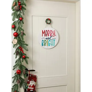 3D Christmas Merry and Bright Ornament Door Hanger Farmhouse Style Christmas Front Door Sign Christmas Decor Wooden Wreath (MERRY&BRIGHT)