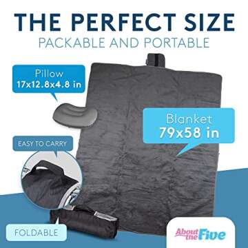 ABOUT THE FIVE Camping Blanket with Inflatable Pillow - Waterproof Outdoor Blanket [59 x 78in]- Sherpa Fleece Blanket for Multi-Use - Machine Washable Blanket for Camping, Picnic, Travel & Car Blanket