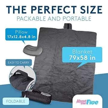 ABOUT THE FIVE Camping Blanket with Inflatable Pillow - Waterproof Outdoor Blanket [59 x 78in]- Sherpa Fleece Blanket for Multi-Use - Machine Washable Blanket for Camping, Picnic, Travel & Car Blanket