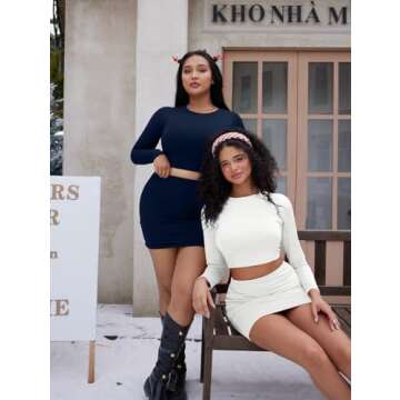 LAGSHIAN Women Sexy 2 Piece Outfits Long Sleeve Crop Top Bodycon Mini Skirt Club Suits Dress White