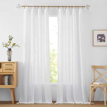 RYB HOME White Curtains Linen Textured Sheer Light Filtering Semi Sheer Curtains 84 inches Long Half...