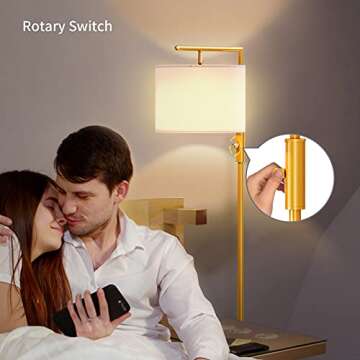 SUNMORY Modern Floor Lamps for Living Room, Standing Lamp with Rotary Switch, Tall Pole Floor Reading Lamp with Hanging Shade for Study Room, Office, 3Color Temperatures 9W Bulb Include(Gold)