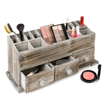 Besti Rustic Vanity Organizer for Cosmetics, Makeup, and Bathroom Accessories, Wooden Farmhouse Stor...