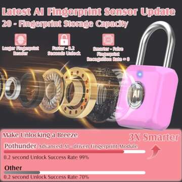 Pothunder Fingerprint Padlock, Locker Lock, Combination Lock, Fingerprint Lock with APP Unlock, USB Rechargeable, Suitable for Gym Locker, Door, Locker