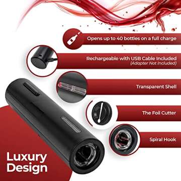 MAFOLIS Electric Wine Bottle Opener Set with Aerator, Vacuum Pump, Wine Stopper, and Foil Cutter for Home, Bar, and Party Use, 5-in-1 Automatic Corkscrew Puller Bundle, USB Rechargeable Battery