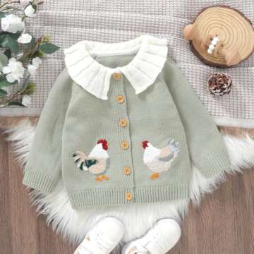 Toddler Baby Girl Sweater Cardigan Chicken Embroidery Doll Collar Button Down Knit Jacket Fall Winte...