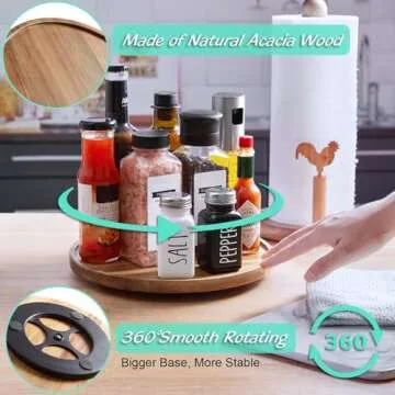 9" Acacia Wood Lazy Susan Turntable Organizer, Lazy Susan for Table Top Cabinet Dining Pantry Counte...