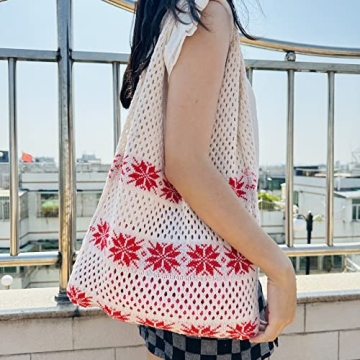 Ovida Crochet Tote Bag Mesh Beach Bag Fairycore Hobo Bag Fairy Grunge Aesthetic Shoulder Bag Y2k Purse for Women Girls, A-beige Snowflake, One Size (DZYG29G52-E-US38FBA)