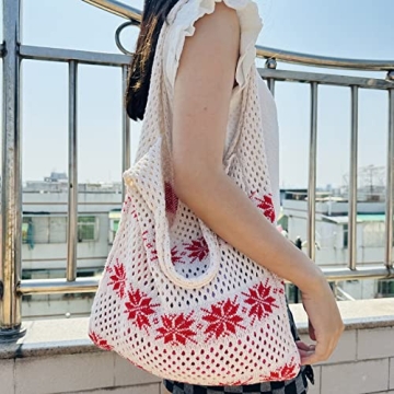 Ovida Crochet Tote Bag Mesh Beach Bag Fairycore Hobo Bag Fairy Grunge Aesthetic Shoulder Bag Y2k Purse for Women Girls, A-beige Snowflake, One Size (DZYG29G52-E-US38FBA)