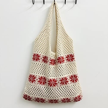Ovida Crochet Tote Bag Mesh Beach Bag Fairycore Hobo Bag Fairy Grunge Aesthetic Shoulder Bag Y2k Purse for Women Girls, A-beige Snowflake, One Size (DZYG29G52-E-US38FBA)