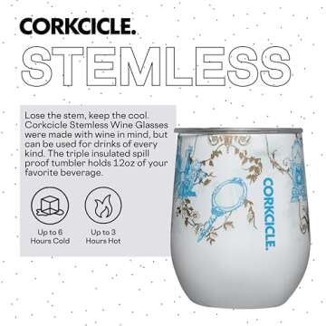 Corkcicle Disney Princess Belle Stemless Wine Glass Tumbler, Triple Insulated Stainless Steel Construction, Sliding Shatter-Proof Travel Lid, Keeps Beverages Chilled for 9 Hours, 12 oz