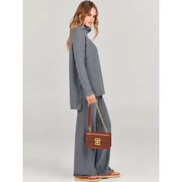 ANRABESS Women Two Piece Outfits Oversized Turtleneck Knit Pullover Sweater Top Wide Leg Pants Lounge Set Sweatsuit 2025 Fall Drak Grey Medium
