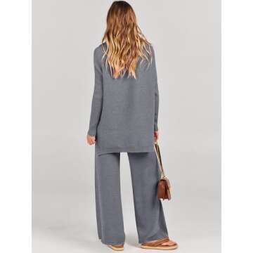 ANRABESS Women Two Piece Outfits Oversized Turtleneck Knit Pullover Sweater Top Wide Leg Pants Lounge Set Sweatsuit 2025 Fall Drak Grey Medium