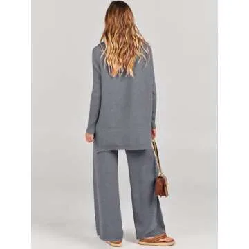 ANRABESS Women Two Piece Outfits Oversized Turtleneck Knit Pullover Sweater Top Wide Leg Pants Lounge Set Sweatsuit 2025 Fall Drak Grey Medium