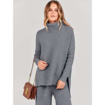 ANRABESS Women Two Piece Outfits Oversized Turtleneck Knit Pullover Sweater Top Wide Leg Pants Lounge Set Sweatsuit 2025 Fall Drak Grey Medium