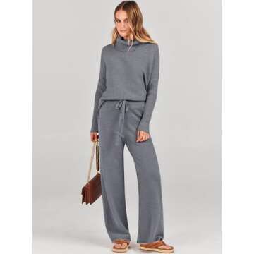ANRABESS Women Two Piece Outfits Oversized Turtleneck Knit Pullover Sweater Top Wide Leg Pants Lounge Set Sweatsuit 2025 Fall Drak Grey Medium