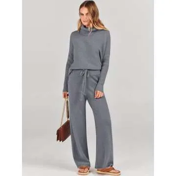 ANRABESS Women Two Piece Outfits Oversized Turtleneck Knit Pullover Sweater Top Wide Leg Pants Lounge Set Sweatsuit 2025 Fall Drak Grey Medium