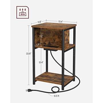 VASAGLE Side Table with Charging Station, 3-Tier End Table with USB Ports and Outlets, Nightstand fo...
