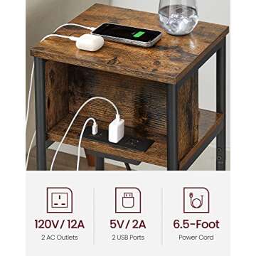 VASAGLE Side Table with Charging Station, 3-Tier End Table with USB Ports and Outlets, Nightstand for Living Room, Bedroom, 11.8 x 13.4 x 22.8 Inches, Plug-in Series, Rustic Brown and Black