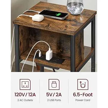 VASAGLE Side Table with Charging Station, 3-Tier End Table with USB Ports and Outlets, Nightstand for Living Room, Bedroom, 11.8 x 13.4 x 22.8 Inches, Plug-in Series, Rustic Brown and Black