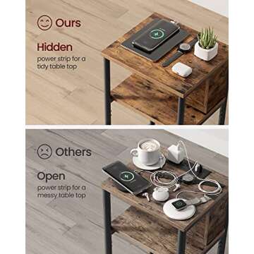 VASAGLE Side Table with Charging Station, 3-Tier End Table with USB Ports and Outlets, Nightstand for Living Room, Bedroom, 11.8 x 13.4 x 22.8 Inches, Plug-in Series, Rustic Brown and Black
