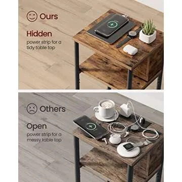 VASAGLE Side Table with Charging Station, 3-Tier End Table with USB Ports and Outlets, Nightstand for Living Room, Bedroom, 11.8 x 13.4 x 22.8 Inches, Plug-in Series, Rustic Brown and Black