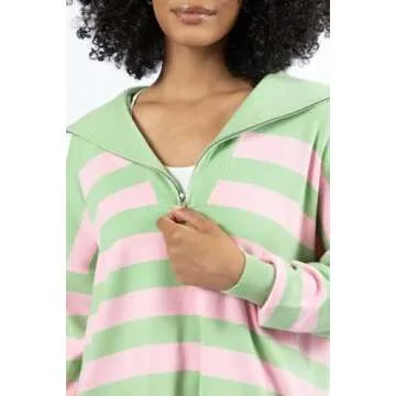 YEXPINE Womens Color Block Striped Sweaters Half Zip Batwing Sleeve Oversized Sweatshirt Side Split Pullover Tops Green