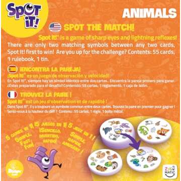 Zygomatic Spot It! Animals (2024 Refresh) - Eco-Sleeve Edition, 5-in-1 Game for Family Fun