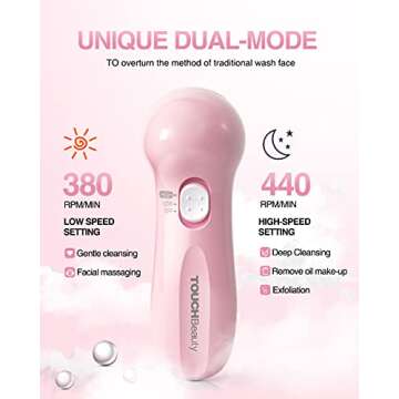 TOUCHBeauty Face Scrubber Exfoliator, Facial Cleansing Brush with 3 Cleanser Heads & 2 Speeds Adjustable for Skin Care Wash,Deep Cleaning,Face Spa System,Battery Powered