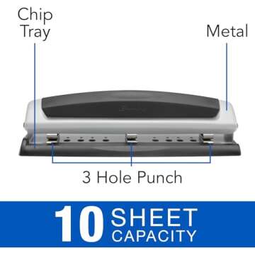 Swingline 3 Hole Punch, 10 Sheet Capacity Three Hole Puncher 3 Ring, Adjustable 2-3 Hole Paper Punch...