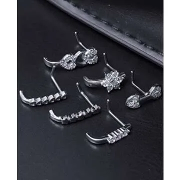 Akeoqi 6Pcs Nose Studs Nose Ring Inlaid Cubic Zirconia L Shaped Studs Lotus Star Heart Nose Nostril Piercing Jewelry for Women Men Sliver Tone 20G