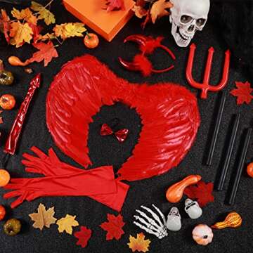 Hillban 6 Pcs Halloween Devil Costume Set Include Sequin Red Horns Headband Devil Tail Bowtie Devil Wings Long Gloves Devil Fork Demon Devil Costume for Women Men Kids Accessories Cosplay