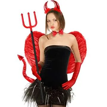Hillban 6 Pcs Halloween Devil Costume Set Include Sequin Red Horns Headband Devil Tail Bowtie Devil Wings Long Gloves Devil Fork Demon Devil Costume for Women Men Kids Accessories Cosplay