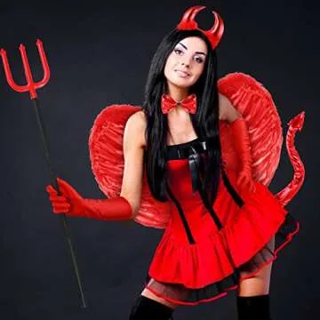 Hillban 6 Pcs Halloween Devil Costume Set Include Sequin Red Horns Headband Devil Tail Bowtie Devil Wings Long Gloves Devil Fork Demon Devil Costume for Women Men Kids Accessories Cosplay