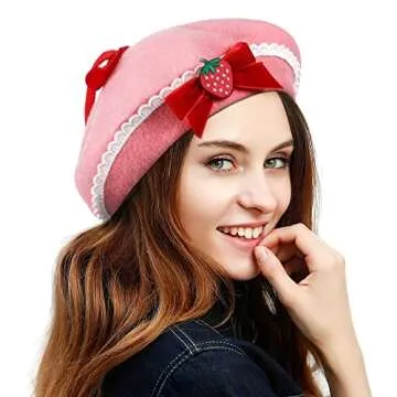 GALPADA Beret Strawberry Bow Woolen Beret Pink Strawberry Hat Sweet Warm French Beret for Women Girls Halloween Christmas