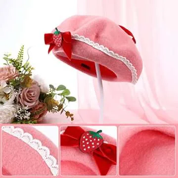 GALPADA Beret Strawberry Bow Woolen Beret Pink Strawberry Hat Sweet Warm French Beret for Women Girls Halloween Christmas