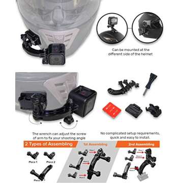 MiPremium Rotary Extension Arm Helmet Mount Set for GoPro Hero 13 12 11 10 9 8 7 6 5 4 Session