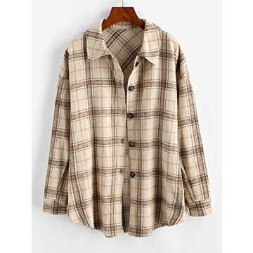 ZAFUL Women's Plaid Long Sleeve Shirt Button Down Wool Blend Thin Jacket Casual Blouse Tops with Pocket